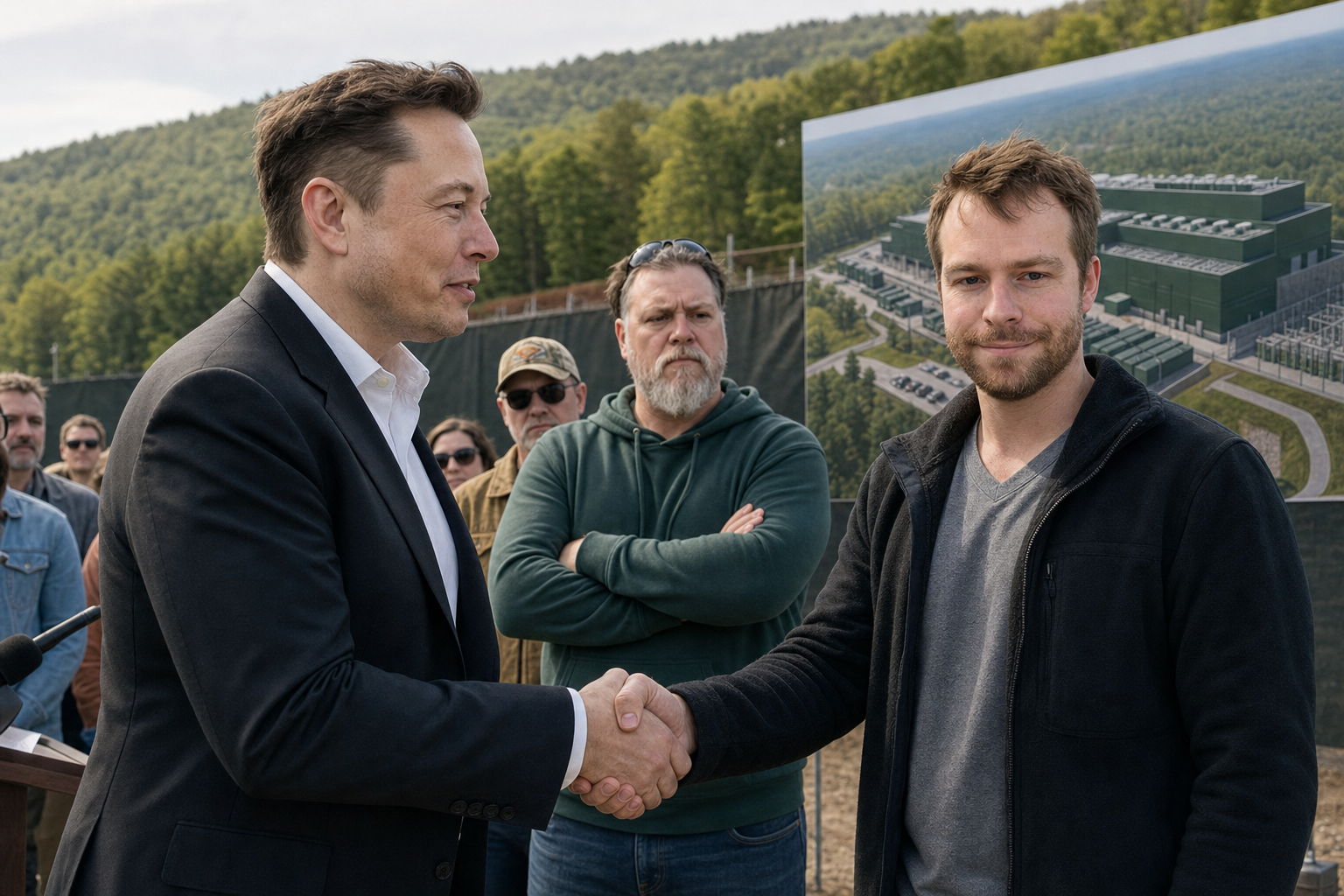 Elon Musk shakes hands with local developer Dan while Todd stands behind them as a protestor near Paris Mountain